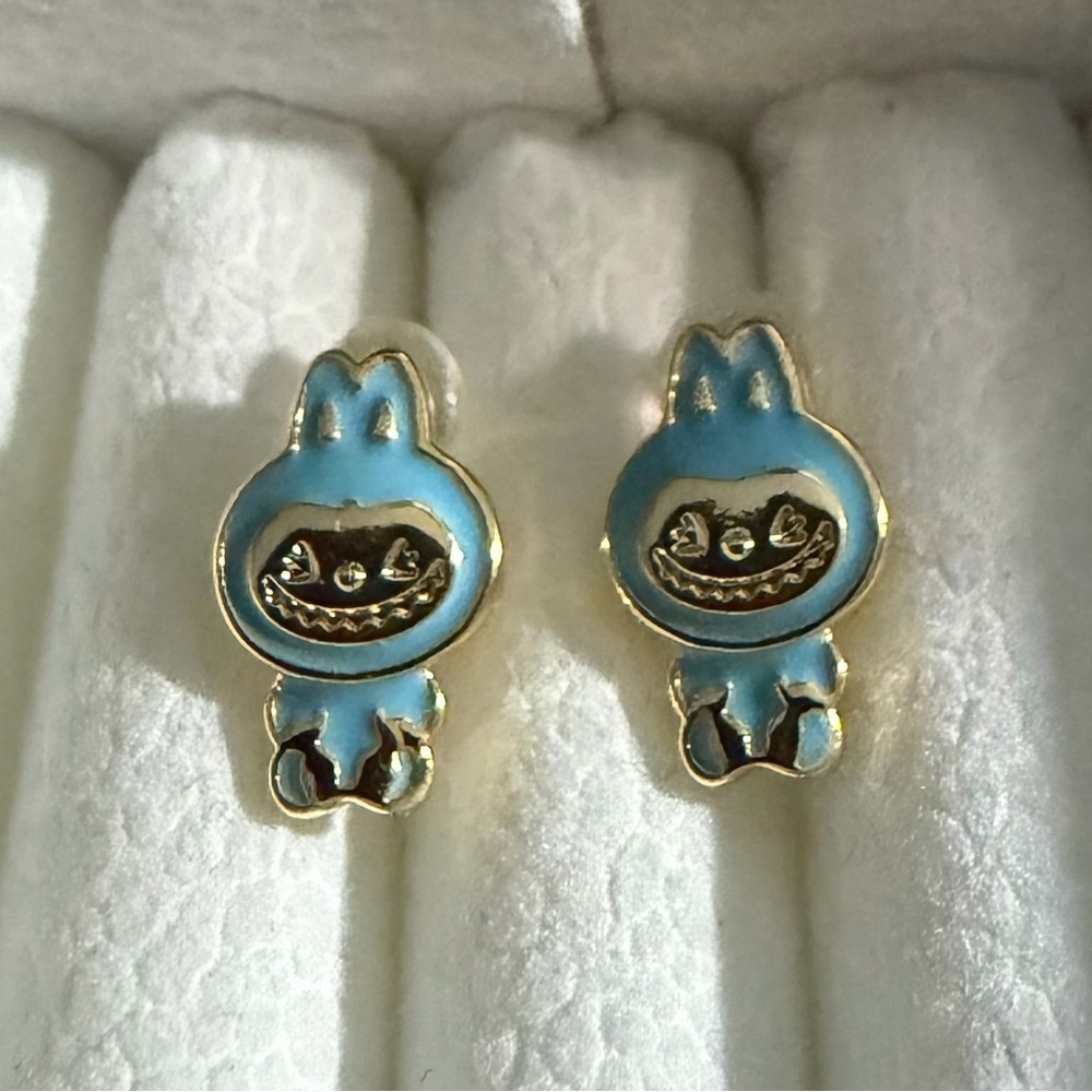 14K Gold Labubu Blue Have A Seat Theme Enamel Stud Earrings Kawaii Boutique